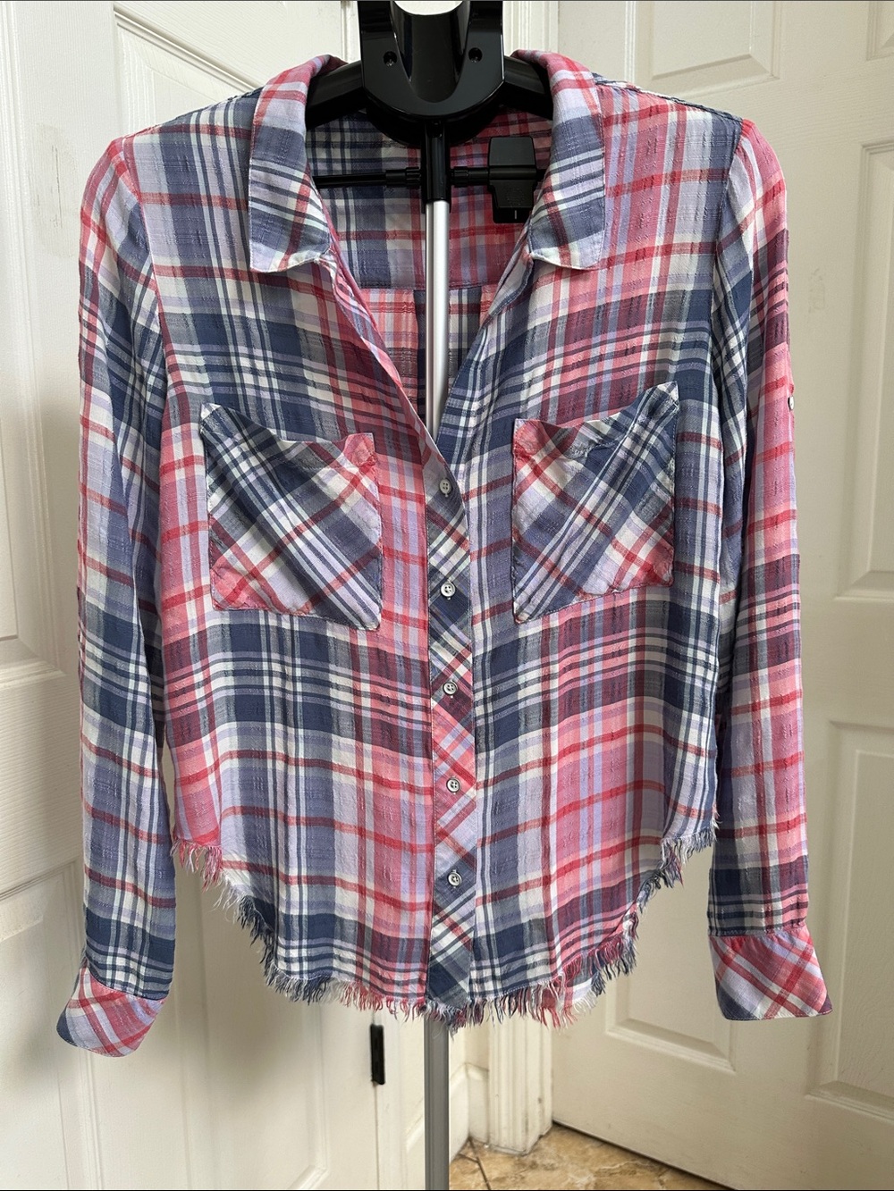 Frayed Hem Plaid Button-Up Shirt in Pink & Blue By Bella Dahl in Size S